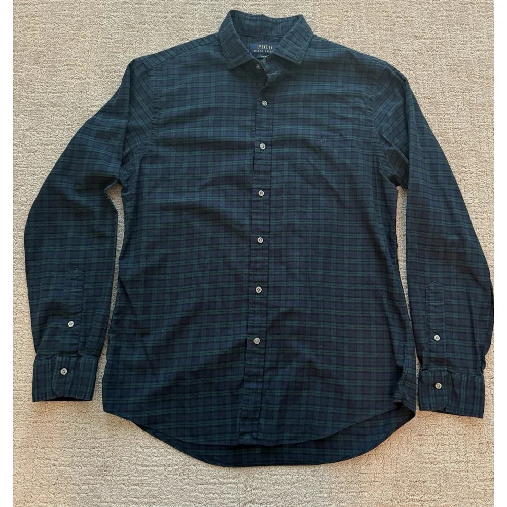 Polo Ralph Lauren Shirt Men Size L Green Tartan Plaid Slim Fit Cotton  Preppy
